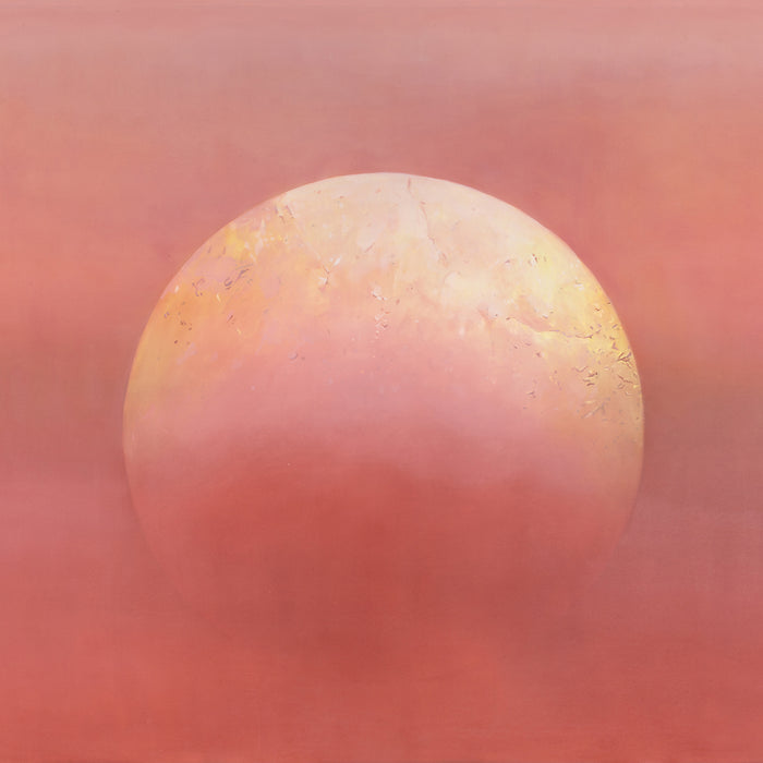 The artwork 'Butter Moon' by Theresa Bloise features a luminous circular orb in soft butter yellow and coral pink hues, emerging from a misty rose-colored background. The moon's surface shows delicate textural details created through oil and acrylic techniques, creating an ethereal, dreamy atmosphere with subtle gradient transitions.