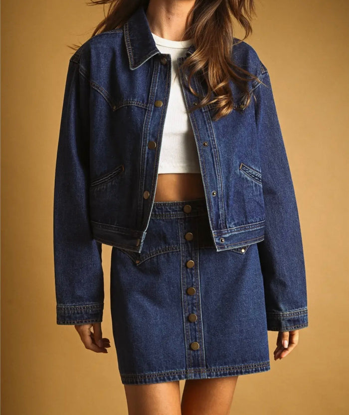 Button Front Detailed Denim Skirt - Indigo