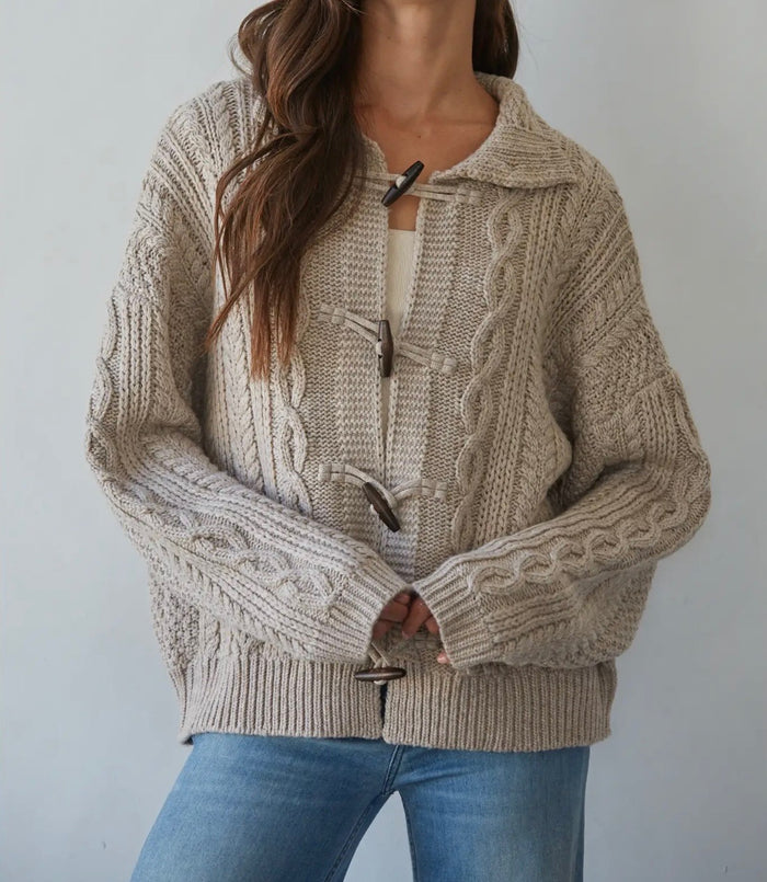 Cable Knit Mock Toggle Cardigan - Taupe
