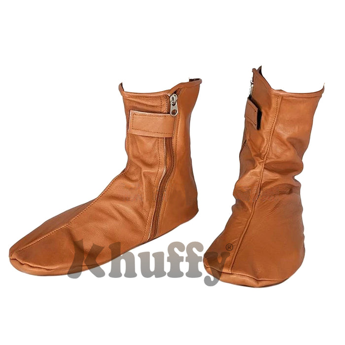 Camel Brown Men's/Women's Zipper Halal Leather Sunnah Khuff Khuffain Socks For Mosque