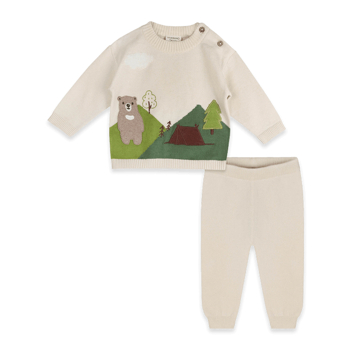 Camping Bear Jacquard Knit Baby Pullover and Pant Set, Organic Cotton