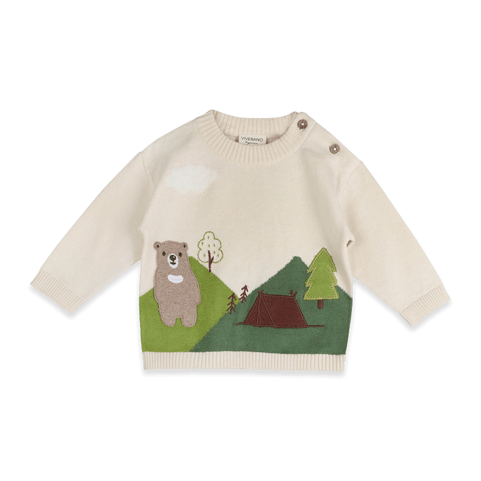 Organic Cotton Camping Bear Jacquard Knit Baby Pullover and Pant Set, Front