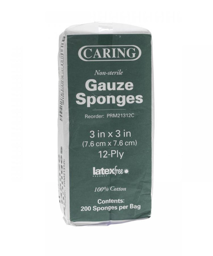 Caring Woven Non-Sterile Gauze Sponges, 3" X 3", 12 Ply, Bag of 200
