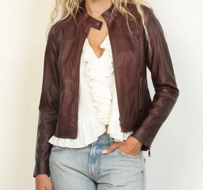 Chocolate Faux Leather Zip-Up Jacket