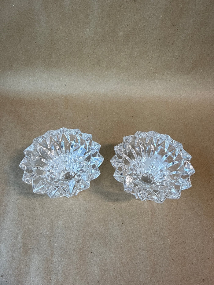 Clear Cut Glass Candle Holders - Pair