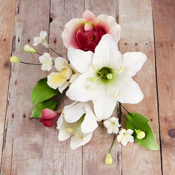 Day Lily & Phalaenopsis Orchids are gumpaste sugarflower cake decorations perfect as cake toppers for cake decorating fondant cakes and wedding cakes. Caljava wholesale cake supply.