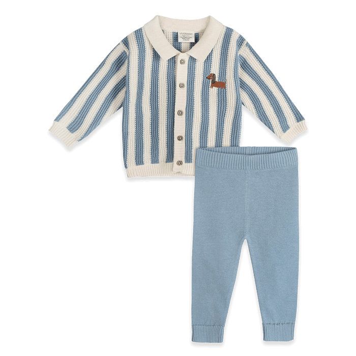 Dog Stripe Baby Collar Cardigan and Pant Set, Organic Cotton