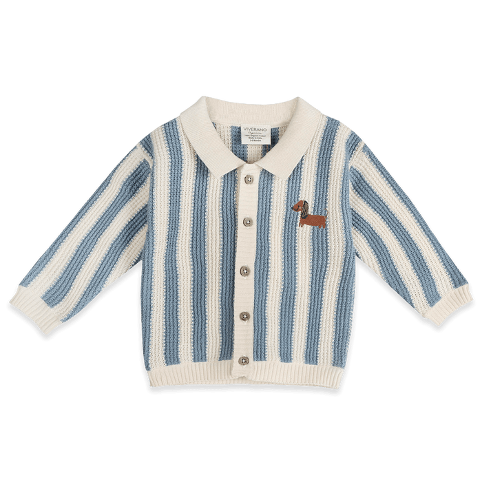 Organic Cotton Dog Stripe Baby Collar Cardigan and Pant Set, Front
