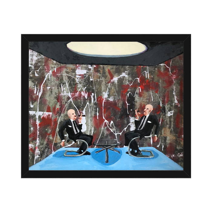 The artwork 'Doing Business' by Nikki Shapiro features two figures in business attire seated on a vibrant blue surface against a dramatic abstract background of red, grey, and white textured brushstrokes. The composition incorporates a bold black framing element and curved white accent at the top. Created in acrylic on canvas, measuring 26x32 inches.