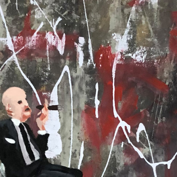 The artwork 'Doing Business' features a figure in formal business attire against an abstract expressionist background of deep crimsons and stormy grays. Dynamic white brushstrokes create movement across the canvas, contrasting with the structured composition. The modern acrylic painting combines corporate themes with bold artistic expression, measuring 26x32 inches by Nikki Shapiro.