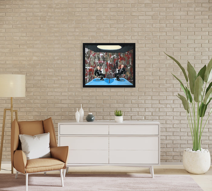The artwork 'Doing Business' by Nikki Shapiro features two abstract silhouettes engaged in conversation against a dynamic background of bold red and brown brushstrokes. A striking blue horizontal element grounds the composition. The 26x32 inch acrylic on canvas employs an expressionist style with textural brushwork, creating a powerful representation of professional interaction by Nikki Shapiro.