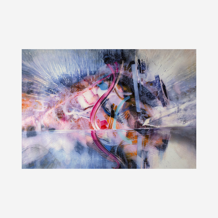 The artwork 'Eyes Wide Open' by Sarah Canfield features dynamic abstract expressionism with explosive bursts of color. Swirling pink and red ribbons dance through misty blue and white atmospheres, creating dramatic movement. Black gestural marks and orange accents add depth against a luminous background, showcasing mixed media techniques on canvas.