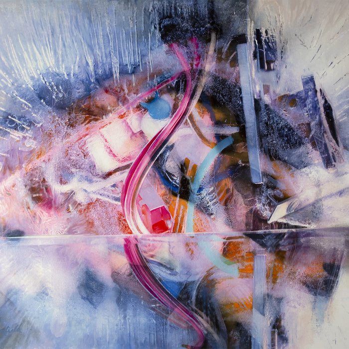 The artwork 'Eyes Wide Open' by Sarah Canfield features dynamic abstract expressionism with sweeping pink curves against a misty blue and white background. Vibrant splashes of orange and dark shadows create depth, while ethereal textures blend seamlessly in this mixed media canvas piece. The composition suggests movement and fluidity through its expressive brushstrokes and color transitions.