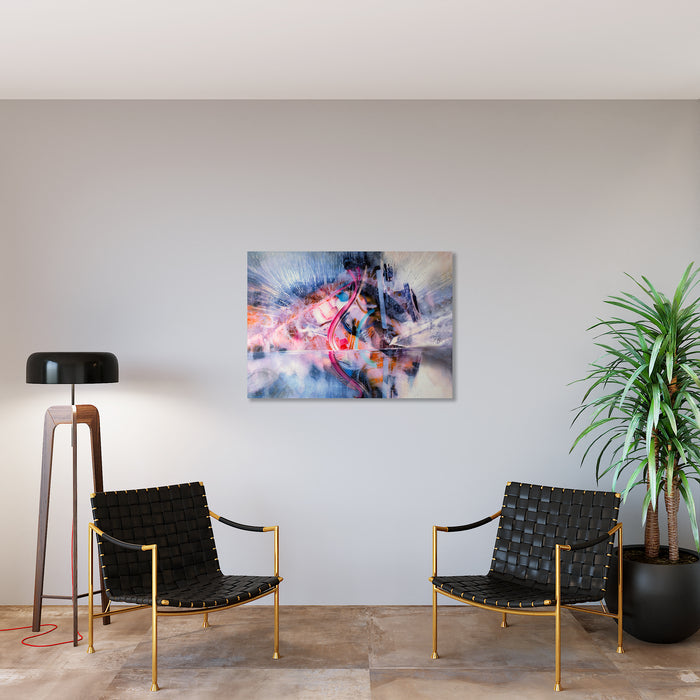 The artwork 'Eyes Wide Open' by Sarah Canfield features a dynamic abstract composition with swirling brushstrokes in vibrant coral pink and deep navy blue against a misty white background. The mixed media painting showcases ethereal textures and fluid movements, creating a dreamy atmospheric effect. Bold gestural marks and layered techniques on canvas create depth and emotional energy. 36x50 inches. By Sarah Canfield.