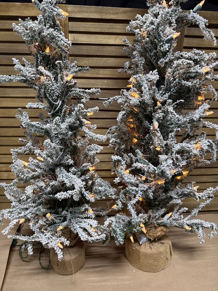 Flocked Light Up Christmas Trees In Burlap Sack - Pair WORKS (Not Fluffed All The Way)