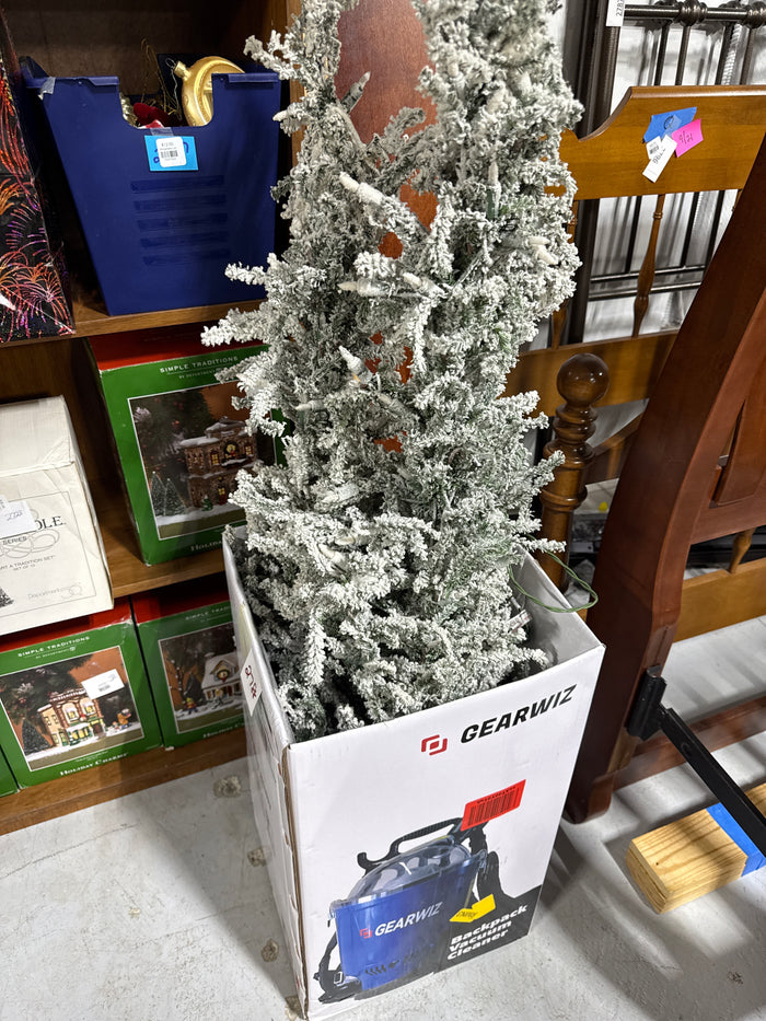 Flocked Light Up Christmas Trees In Burlap Sack - Pair WORKS (Not Fluffed All The Way)
