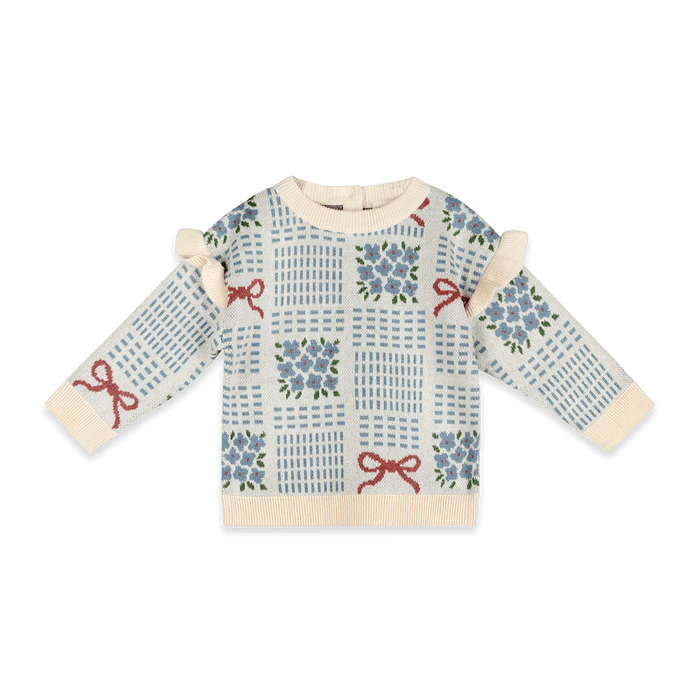 Floral Bow Jacquard Knit Baby Pullover, Organic Cotton