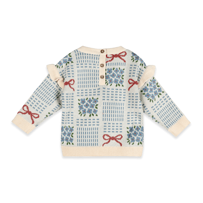 Organic Cotton Floral Bow Jacquard Knit Baby Pullover, Back