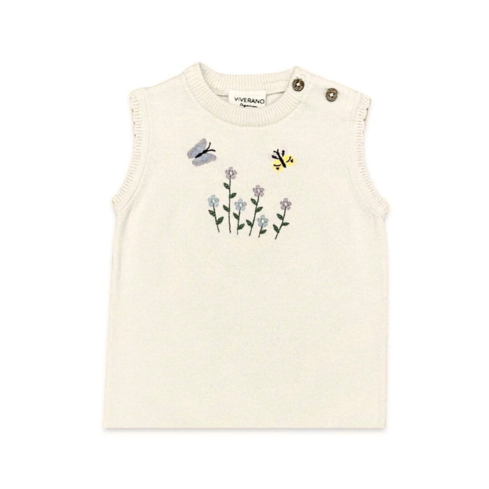 Floral Embroidered Sleeveless Knit Baby Romper (Organic Cotton) - Natural