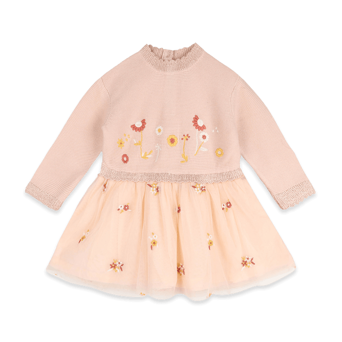 Floral Embroidery Knit Baby Tutu Dress, Organic Cotton