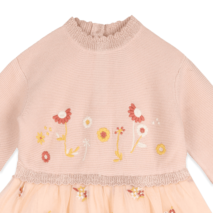 Organic Cotton Floral Embroidery Knit Baby Tutu Dress, Detail