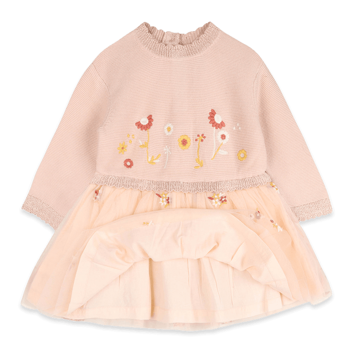 Organic Cotton Floral Embroidery Knit Baby Tutu Dress, Voile Lining