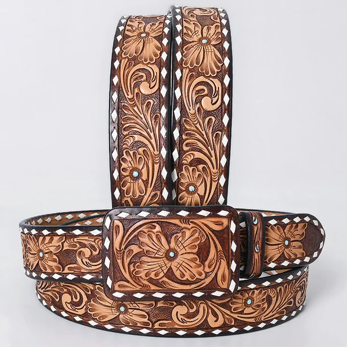 Floral White Diamond Border Turquoise Stud Tooled Leather Belt