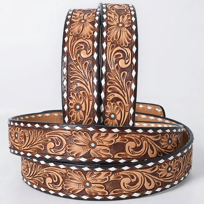 Floral White Diamond Border Turquoise Stud Tooled Leather Belt
