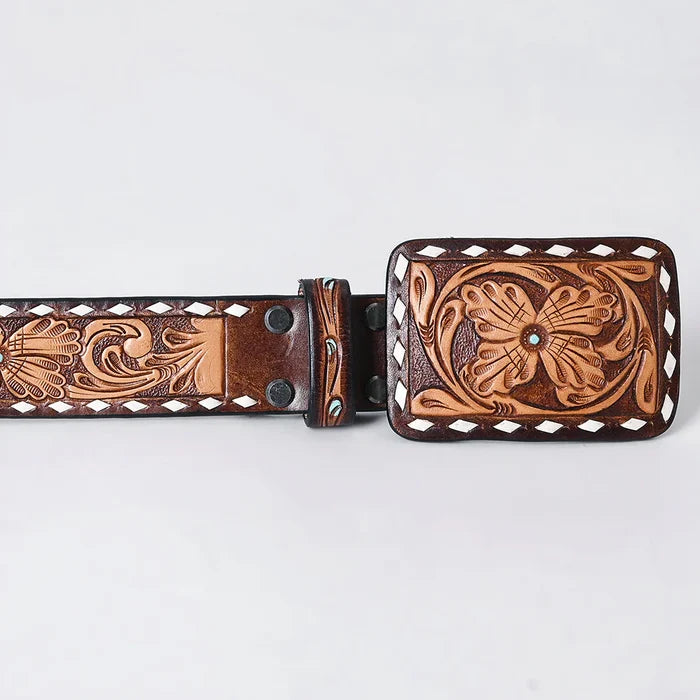 Floral White Diamond Border Turquoise Stud Tooled Leather Belt