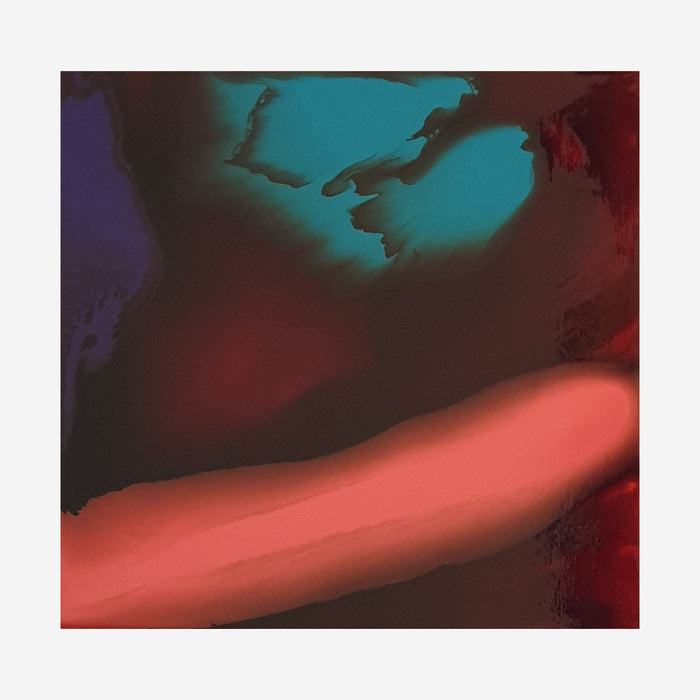 The artwork 'Fluid Pop 20' by Sabrina Puppin features dynamic abstract fluid shapes in vibrant turquoise and coral, set against a dark background. The composition showcases flowing organic forms with a glossy synthetic glaze finish on wood, creating a striking contrast between warm and cool tones. The 20x20 inch contemporary piece demonstrates fluid art techniques and bold color interplay.