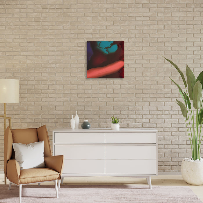 The artwork 'Fluid Pop 20' by Sabrina Puppin features vibrant turquoise and deep crimson abstract forms flowing across a dark background. The composition displays fluid, organic shapes creating a dynamic interplay of colors and movement. The synthetic glazes on wood create a glossy, contemporary finish in this 20x20 inch modern abstract piece.