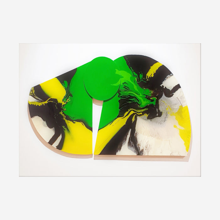 The artwork 'Fluid Pop 22' by Sabrina Puppin features dynamic swirls of vibrant neon green and yellow against bold black accents on canvas. The abstract composition showcases fluid, organic shapes created with synthetic glazes, displaying a striking contrast of colors in a contemporary pop art style. The piece measures 39 by 50 inches and exhibits a bold, energetic movement pattern.