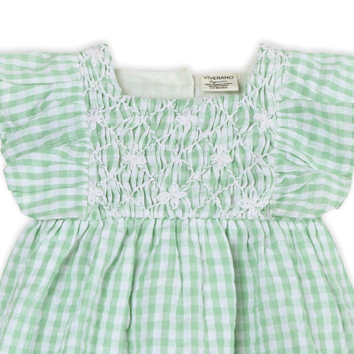 Forest Gingham Baby Dress Detail (Organic)
