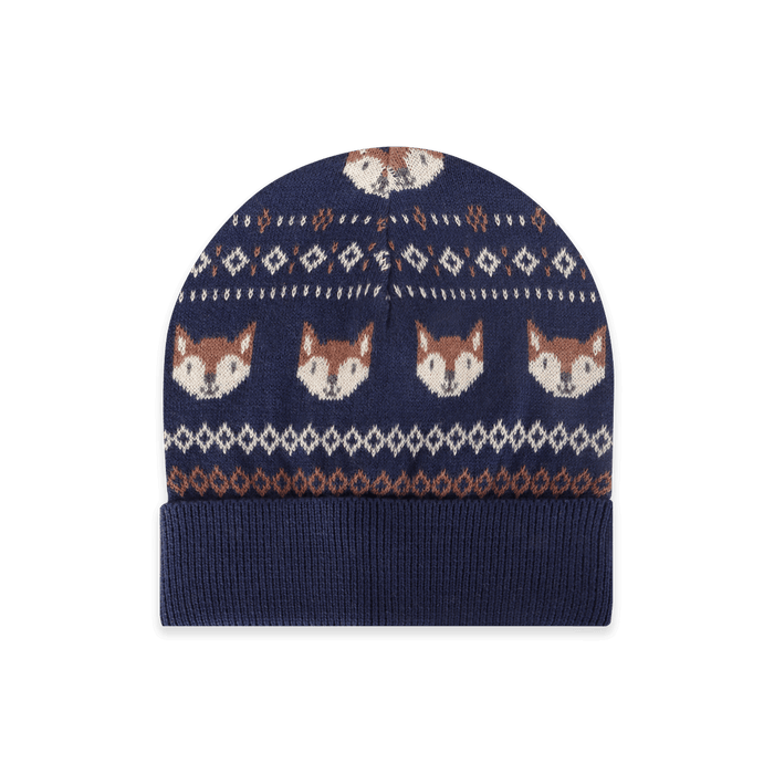 Fox Fair Isle Knit Round Baby Beanie Hat, Organic Cotton