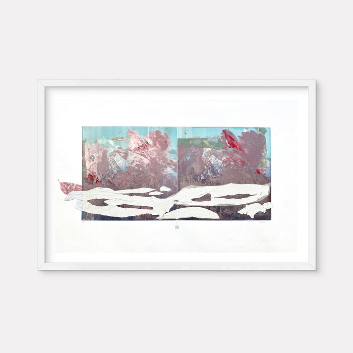 The artwork 'Glacier' by Karin Bruckner features an abstract landscape with sweeping white forms suggesting snow and ice against a background of muted mauve and turquoise. The monotype print combines textural elements and layered paint, creating a dramatic interpretation of a glacial landscape through mixed media techniques.