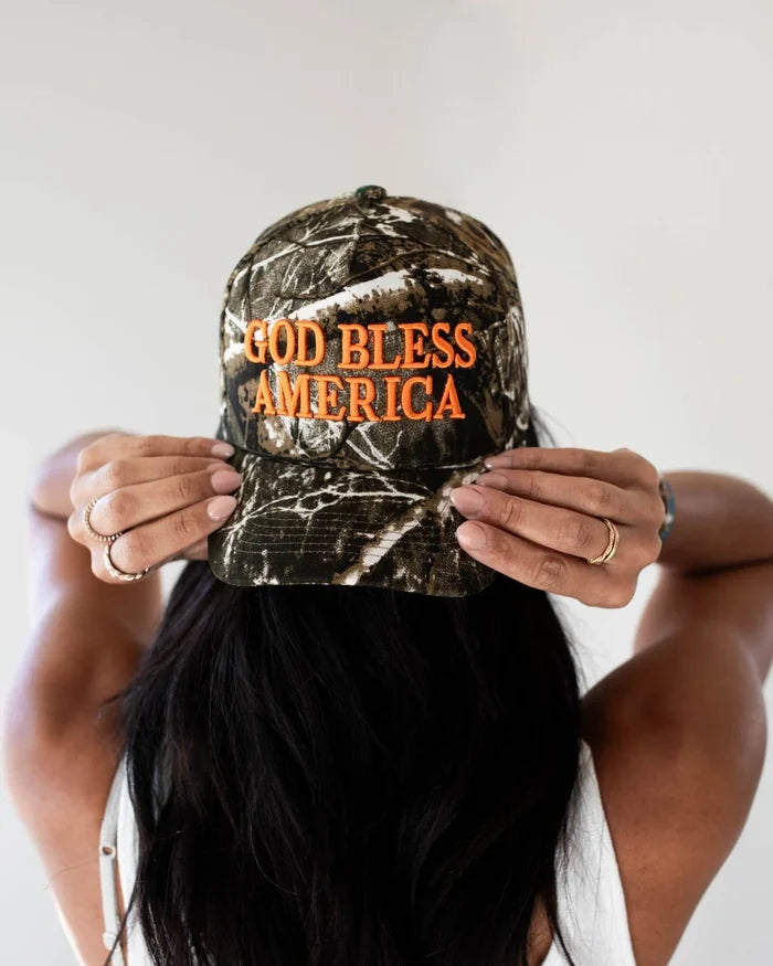 God Bless America Structured Hat - Camo & Orange