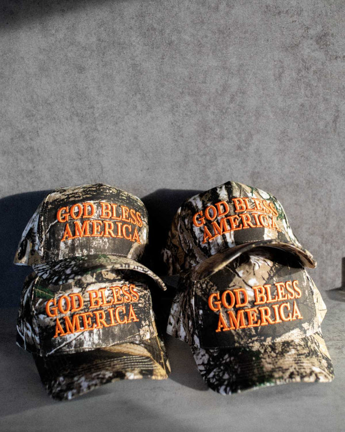 God Bless America Structured Hat - Camo & Orange