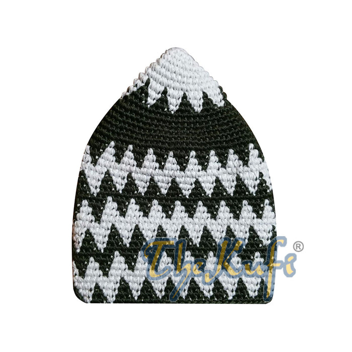 Hand-Crocheted Cotton Sturdy Cream & Dark Forest Green Zigzag Kufi Hat