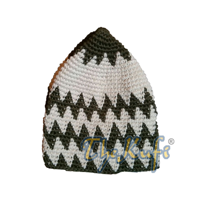 Hand-Crocheted Cotton Sturdy Dark Army Green & Cream Zigzag Kufi Hat