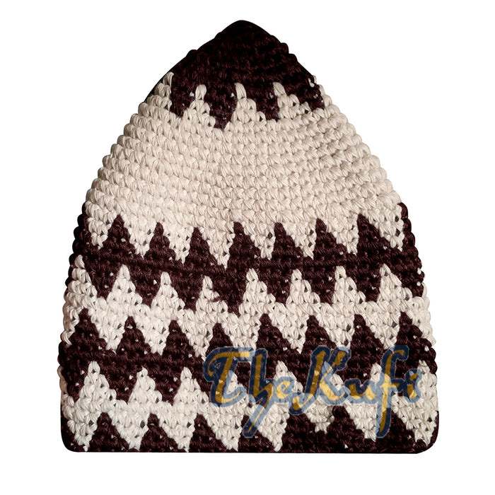 Hand-Crocheted Cotton Sturdy Dark Brown & Off-White Zigzag Kufi Hat