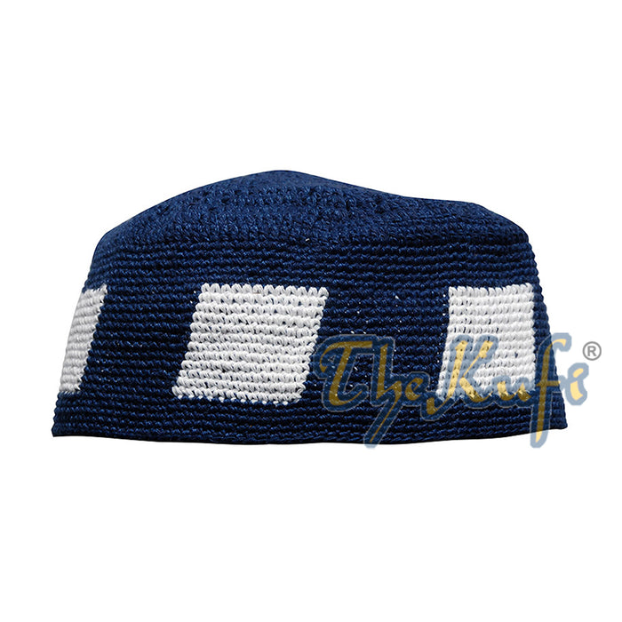 Hand-Crocheted Dark Blue Kufi with White Squares For Kids