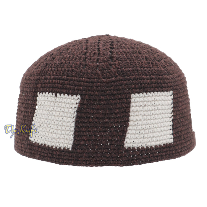 Hand-Crocheted Dark Brown Kufi with White Squares For Kids