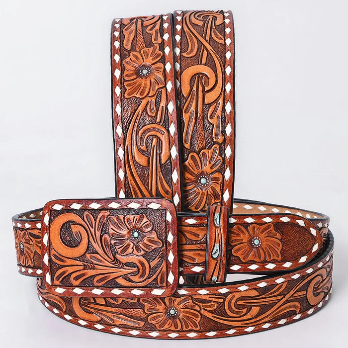 Hand Tooled White Diamond Border Leather Belt