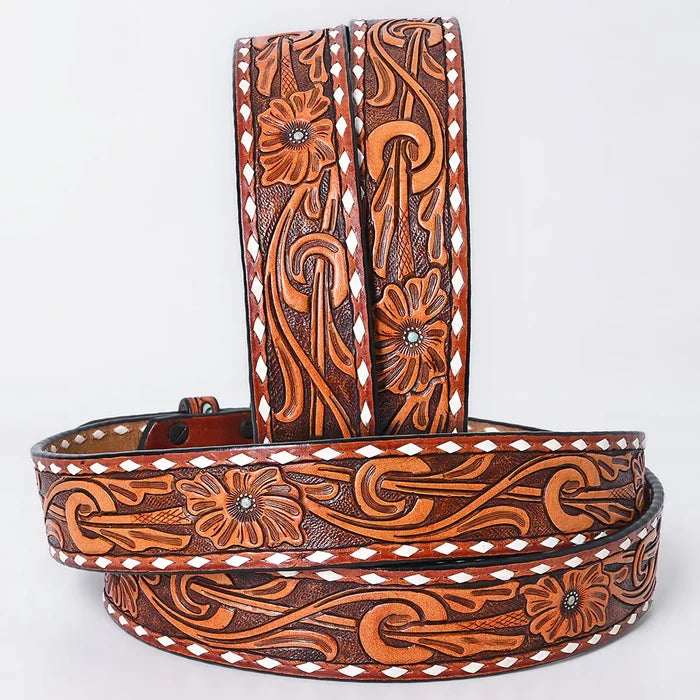 Hand Tooled White Diamond Border Leather Belt