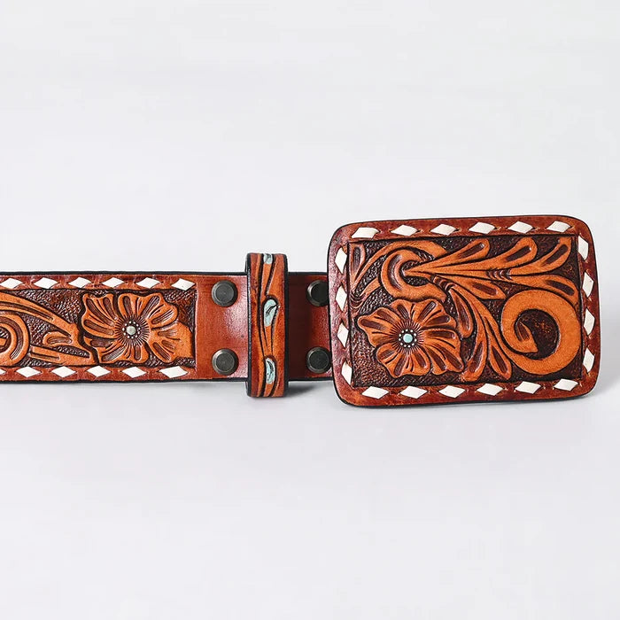 Hand Tooled White Diamond Border Leather Belt