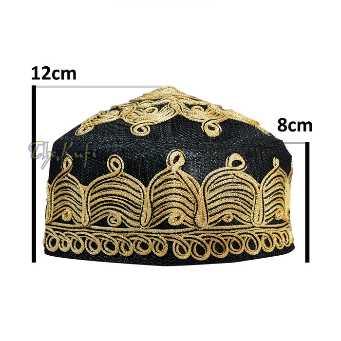 Handcrafted Black Golden-Brown Macramé Netting Wave Design Prayer Hat Mehrab Patterns Kufi