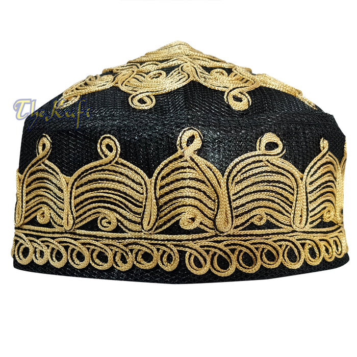 Handcrafted Black Golden-Brown Macramé Netting Wave Design Prayer Hat Mehrab Patterns Kufi