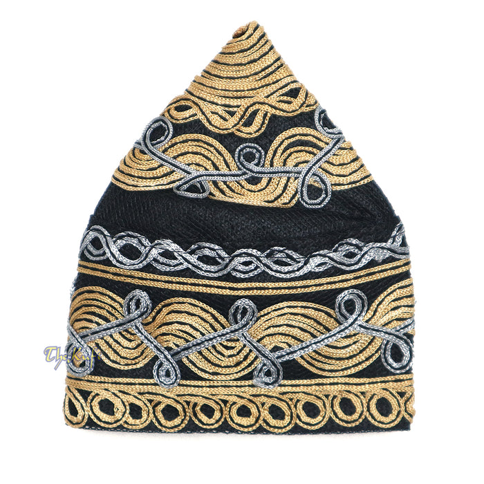 Handcrafted Black Golden Gray Macramé Netting Wave Design Muslim Prayer Hat By