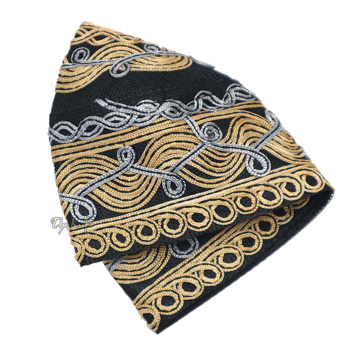 Handcrafted Black Golden Gray Macramé Netting Wave Design Muslim Prayer Hat By