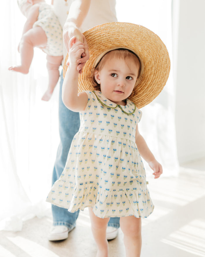 Harper Peter Pan Collar Floral Baby Flare Dress + Bloomer (Linen Blend)